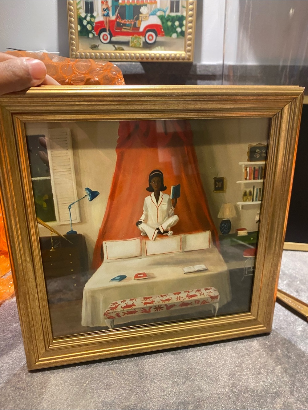 Janet Hill - Framed Vintage Painting of Woman Reading with Red Canopy - 10x10